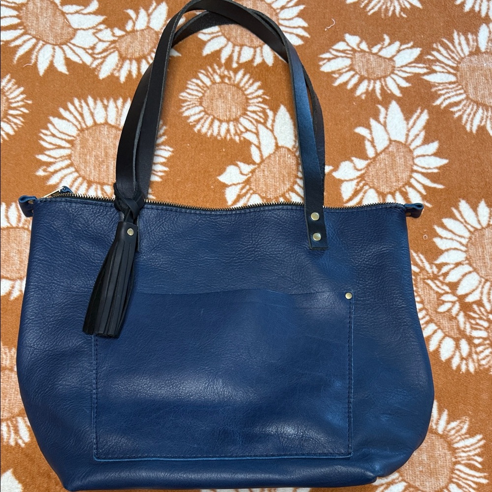 Portland Leather Navy Tote Bag with Tassel & Black Handles